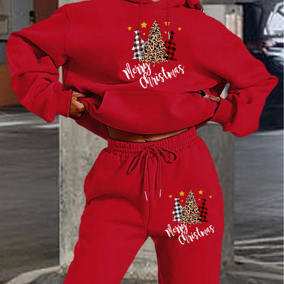 Women'S 2024 New Year Sweatshirt and Pants Set, Hooded Long Sleeve Casual Outfit with Pockets, Polyester Knit Fabric, Geometric Pattern, for Autumn/Winter Season