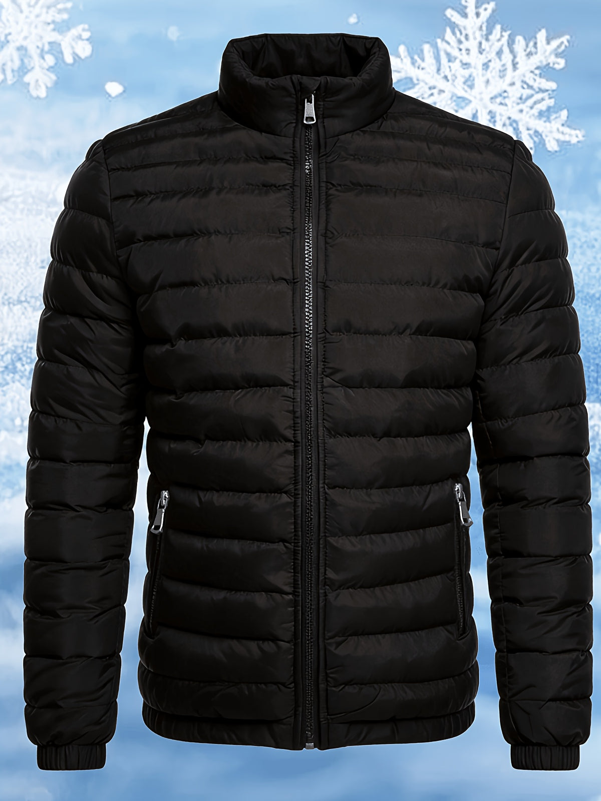 Men's Stand Collar Winter Jacket with Zipper and Fiber Filling