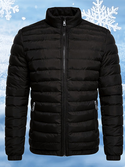 Men's Stand Collar Winter Jacket with Zipper and Fiber Filling