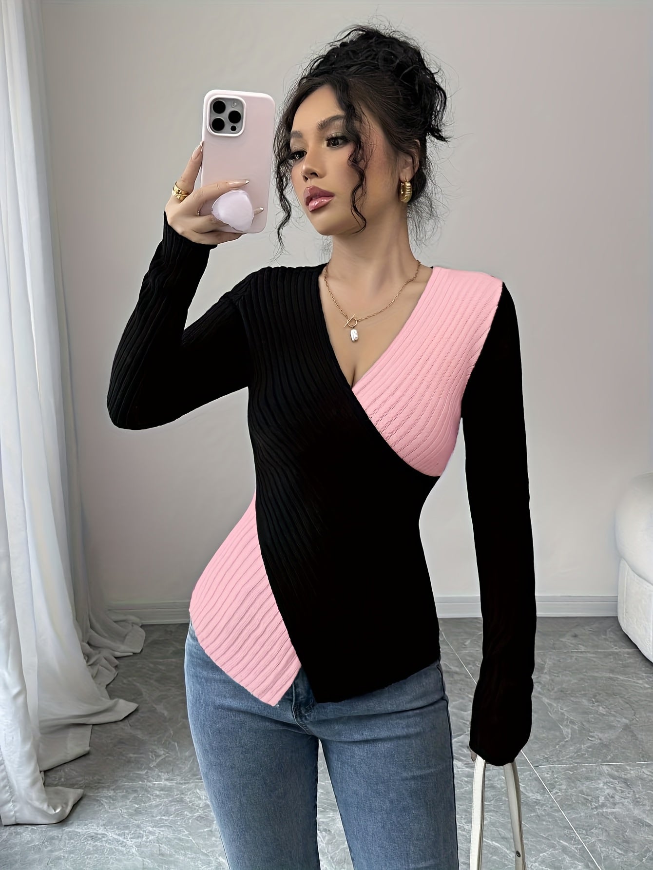 Women'S Elegant Color Block Long Sleeve T-Shirt - V-Neck, Slim Fit, & Pink, Comfortable & Stylish for Spring/Fall, Versatile Casual or Dressy Outfits, Versatile Fashion | Vneck Top | Construction, Ladies T Shirts