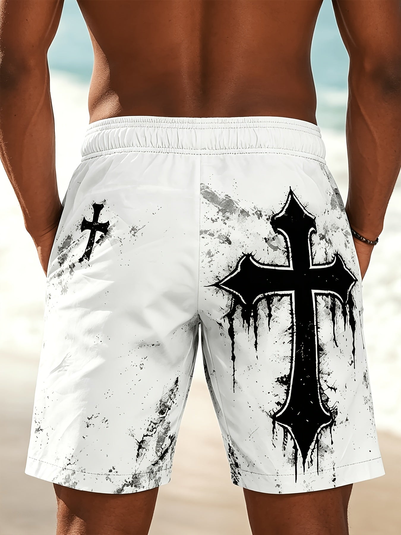 Men's Casual Beach Shorts with Cross Pattern and Drawstring
