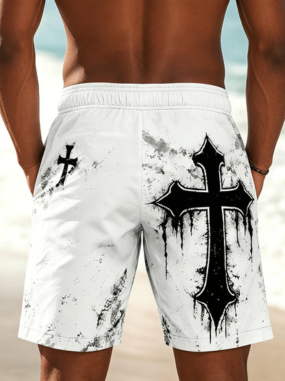 Men's Casual Beach Shorts with Cross Pattern and Drawstring