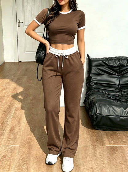 Women's Casual 2-Piece Set: Color-Block T-Shirt & Wide-Leg Pants - ayq