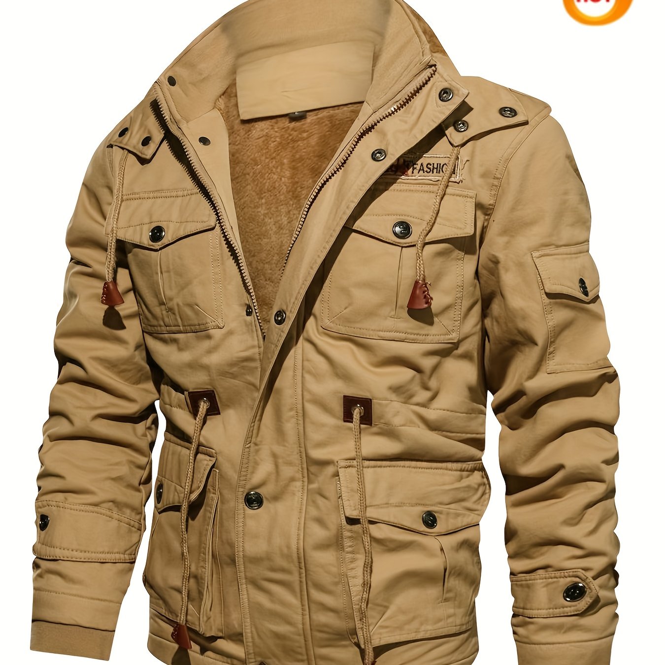 Men'S Winter Fleece-Lined Military-Style Jacket - Thickened Zip-Up Coat with Large Pockets, Olive Green Casual Winter Coat for Outdoor Activities, Winter Coats, Durable Fabric Coat