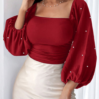 Women's Elegant Pearl-Adorned Square Neck Puff Sleeve Blouse - Short Ruffled Hem Red Top, Solid Burgundy Shirt for Spring/Fall, Semi-Formal & Casual Attire, Machine Washable with Pearl Buttons & Layered Ruffled Sleeves, Struc