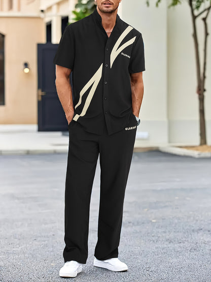 Men'S Casual Summer Short Sleeve Shirt & Pants Set - Black with White Geometric Print, Button-Up Collared Shirt & Loose Fit Pants, Non-Stretch Fabric, Perfect for Spring/Fall, Spring Summer Outfit | Geometric Print Shirt | Bu