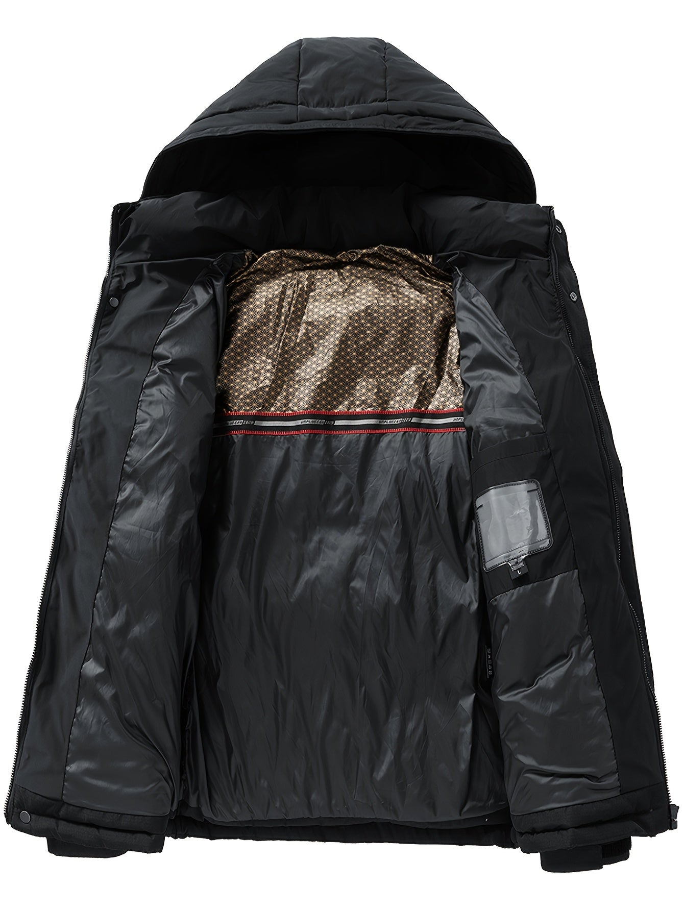 Men's Winter Jacket 100% Polyester Windproof Thermal Insulated Hooded with Detachable Hood, College Style Letter Pattern Zipper Front, Regular Fit for Skiing Outdoor Activities & Daily Wear