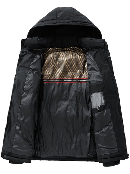 Men's Winter Jacket 100% Polyester Windproof Thermal Insulated Hooded with Detachable Hood, College Style Letter Pattern Zipper Front, Regular Fit for Skiing Outdoor Activities & Daily Wear