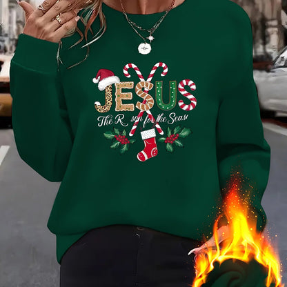 Women's Fleece-Lined Round Neck Pullover Sweatshirt - "JESUS" Christmas Print, Comfortable Loose Fit for All Seasons, Festive Holiday Design Casual Top