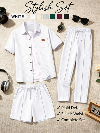 Men's Casual 3-Piece Set: Waffle Knit Shirt, Shorts & Pants
