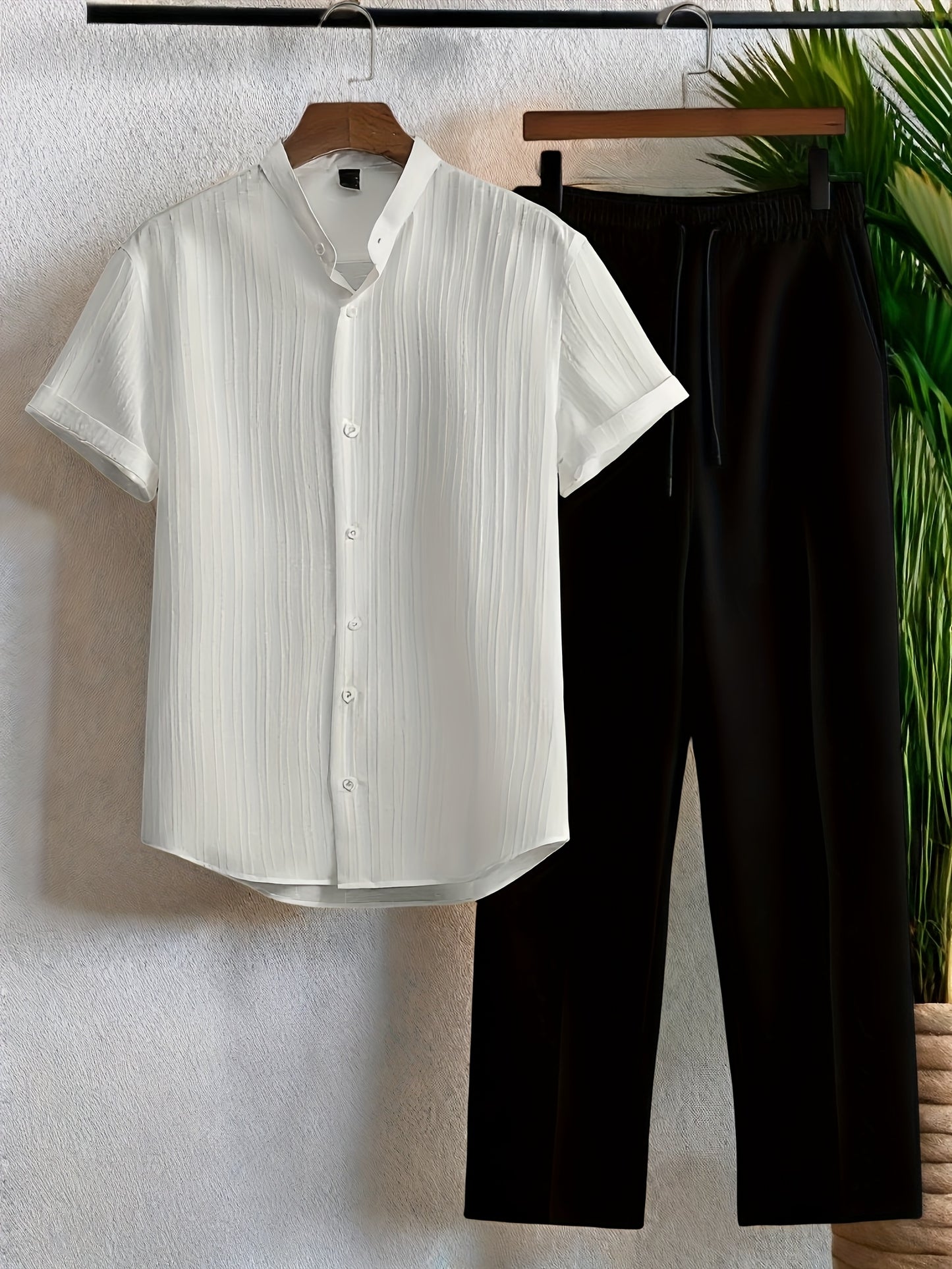 Casual 2pcs Set: Short Sleeve Stand Collar Shirt + Tie Straight Leg Pants, Suitable for Vacation Beach Outdoor Leisure Party