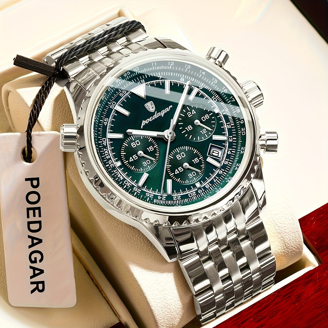 Luxury Stainless Steel Chronograph Watch with Green Dial
