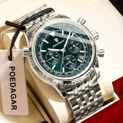 Luxury Stainless Steel Chronograph Watch with Green Dial