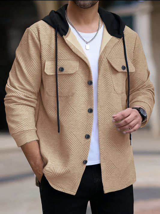 Men's Navy Blue Hooded Jacket - Single-Breasted Long Coat with Full-Zipper Front, Machine Washable Casual Outerwear for Teens & Adults, Formal & Casual Attire - Minimalist Men's Coat for Layering (Solid Color, Regular Fit) -