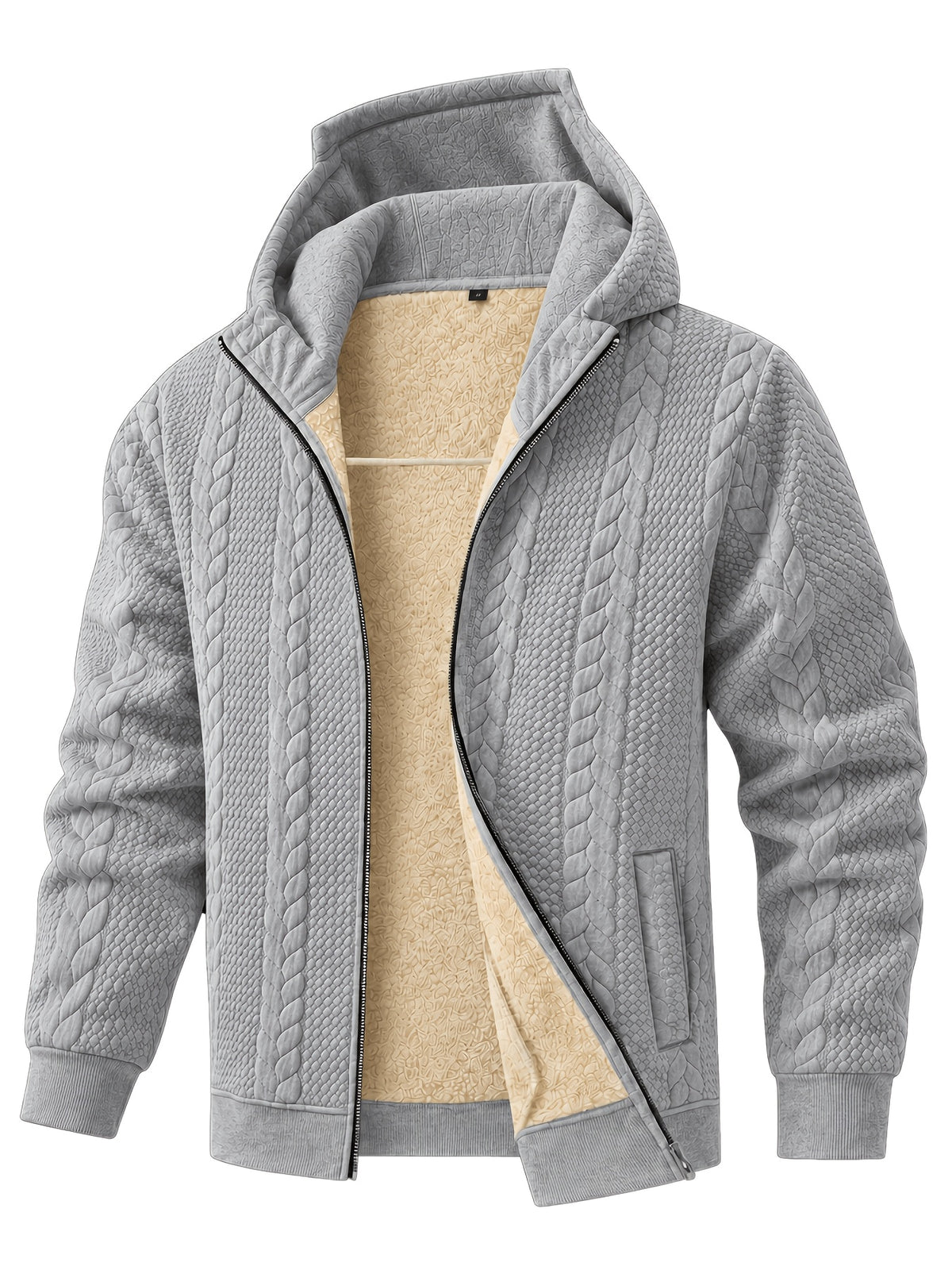 Men's Thickened Hooded Jacket with Cable Knit Embossing