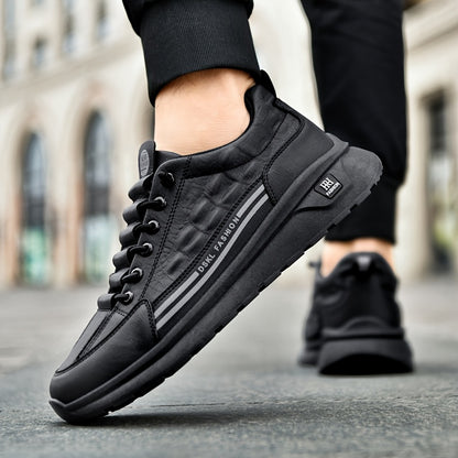 Men's Breathable Casual Sneakers - Comfortable, Versatile  Stylish Shoes for Running, Sports  Casual Attire, Black with White Accents, PU Upper  PVC Sole, Round Toe, Lace-Up Design, All-Season Use