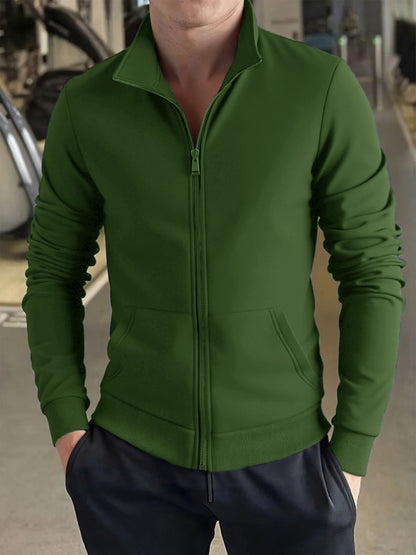 Men's Solid Color Green Full-Zip Stand Collar Jacket - Lightweight Workwear Coat with Zippered Pockets, Machine Washable, Regular Fit for Gym, Hiking, Casual & Outdoor Activities - Versatile All-Season Outerwear