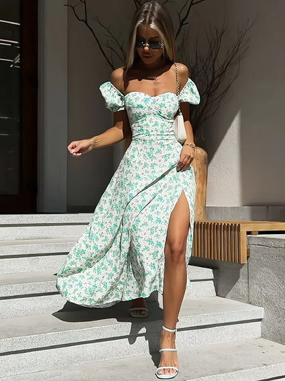 French-Style Midi Dress with Heart Neckline and Puff Sleeves