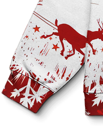 Men's Winter Red & Black Snowflake Print Hooded Sweatshirt - 100% Polyester Casual Pullover Sweater with White Piping, Relaxed Fit for Christmas & New Year's Eve Parties, Machine Washable Spring/Fall Layering Essential (Men's