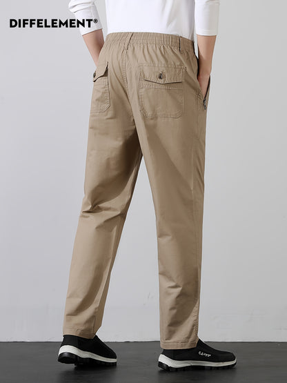 Men's Cotton Casual Trousers with Elastic Waist and Zipper Pockets