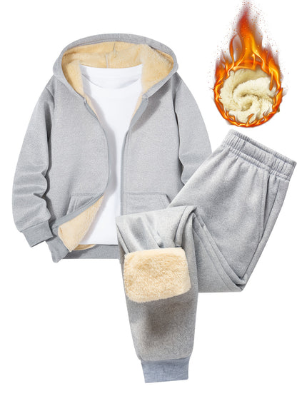 2pcs Boys' Fleece-Lined Hooded Sweatshirt + Casual Pants Set, Solid Color Long-Sleeved Zip-Up Top with Medium Stretch Warm Fabric for Autumn/Winter Season, Perfect for