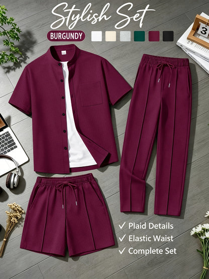 Men's Casual Mandarin Collar Short Sleeve Shirt and Drawstring Pants