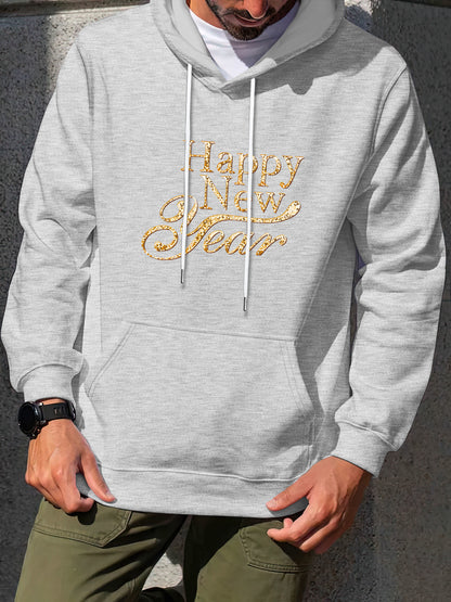Men'S Golden Letter Print Hooded Sweatshirt - Happy New Year Lettering, Soft Knit Micro-Elastic Fabric, Loose Fit Casual Pullover Hoodie with Front Pocket, Streetwear Style, Unisex Apparel, Durable Material, Trendy Design, Ho