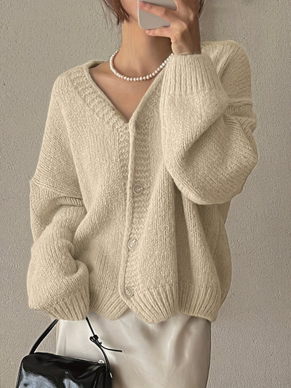 Women's Elegant V-Neck Button-Up Polyester Cardigan Jacket