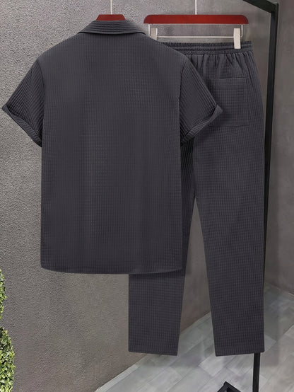 Summer Men'S Casual Bread Pattern Texture Short Sleeve Long Pants Shirt Set, 100% Polyester, Double Pocket Shirt, Turnover Woven Top Can Be Machine Washed and Dry Cleaned