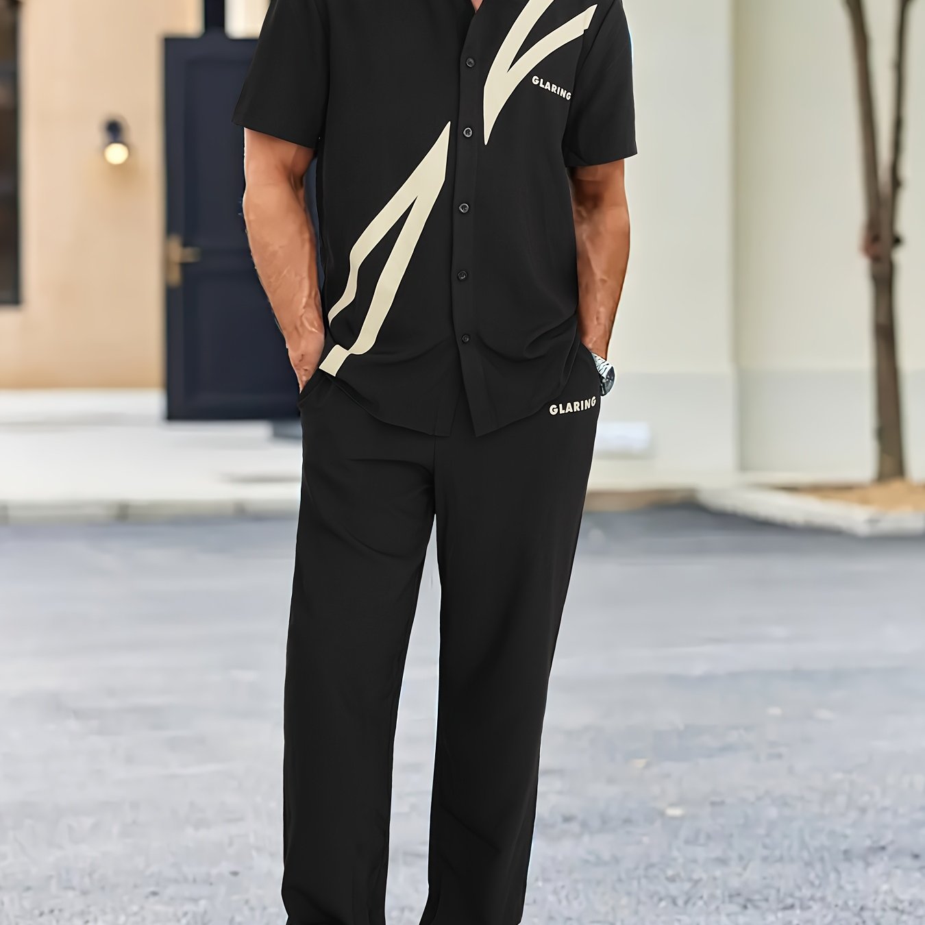 Men'S Casual Summer Short Sleeve Shirt & Pants Set - Black with White Geometric Print, Button-Up Collared Shirt & Loose Fit Pants, Non-Stretch Fabric, Perfect for Spring/Fall, Spring Summer Outfit | Geometric Print Shirt | Bu