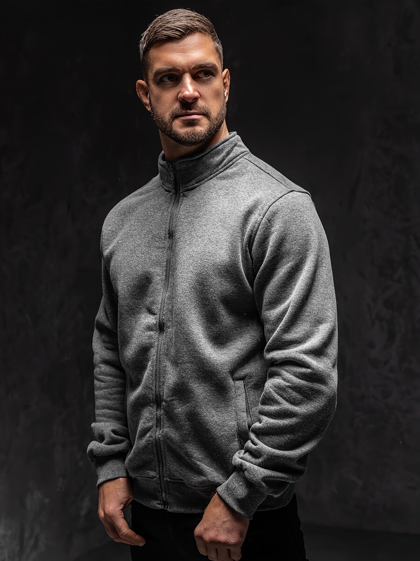 Men's Full-Zip Stand Collar Athletic Jacket - Soft Brushed Interior, Long Sleeve Casual Zippered Sweatshirt, Regular Fit Gym-to-Streetwear, Easy-Care (Hand Wash/Dry Clean) Solid Color Men's Outerwear