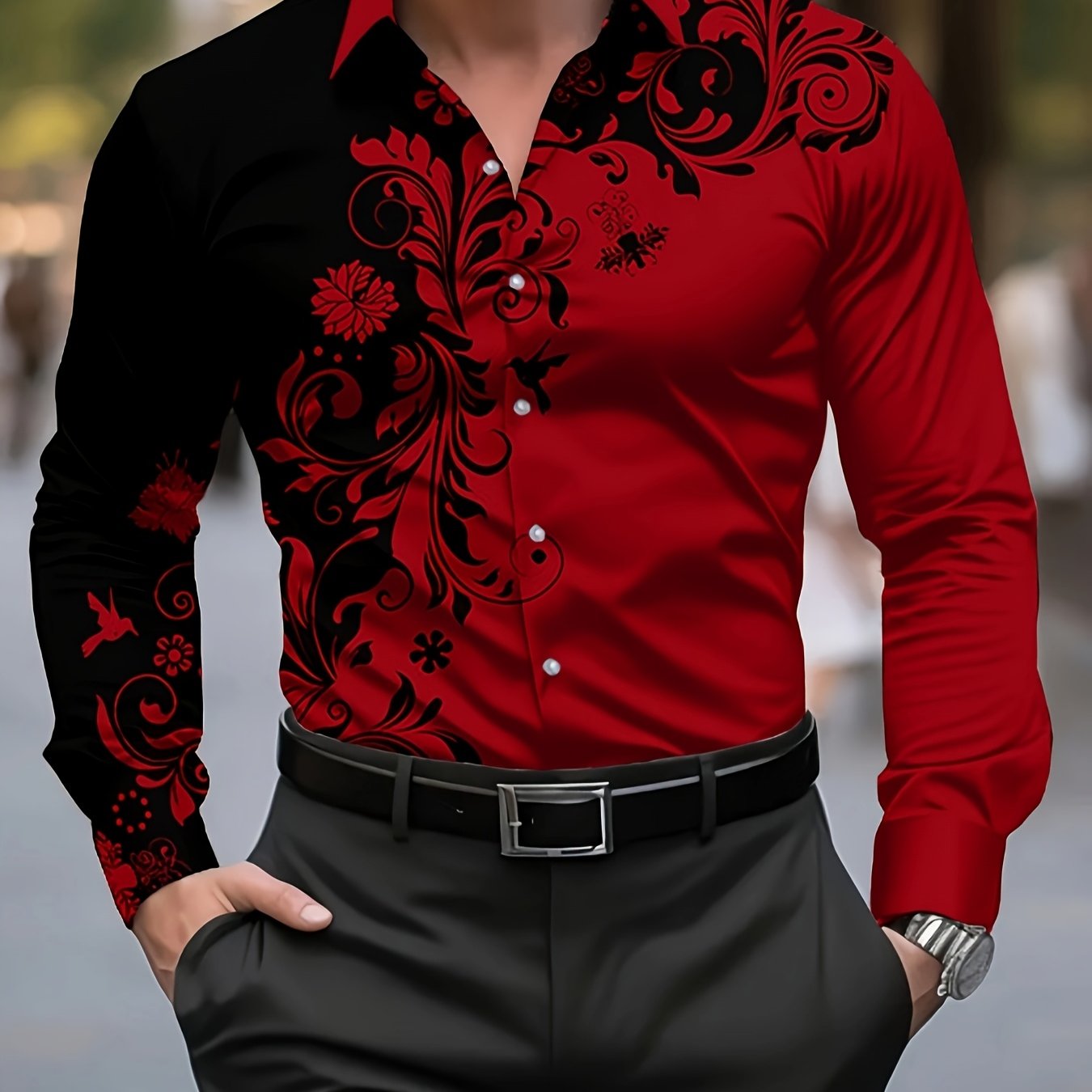 Men'S Casual Floral Print Dress Shirt - Black & White Swirl Design, Button-Up Collar, Long Sleeve, Regular Fit for Spring/Fall, Versatile for Casual & Formal Wear, Spring Fashion, Nonelastic Fabric, Elegant Shirt For Men, Lon