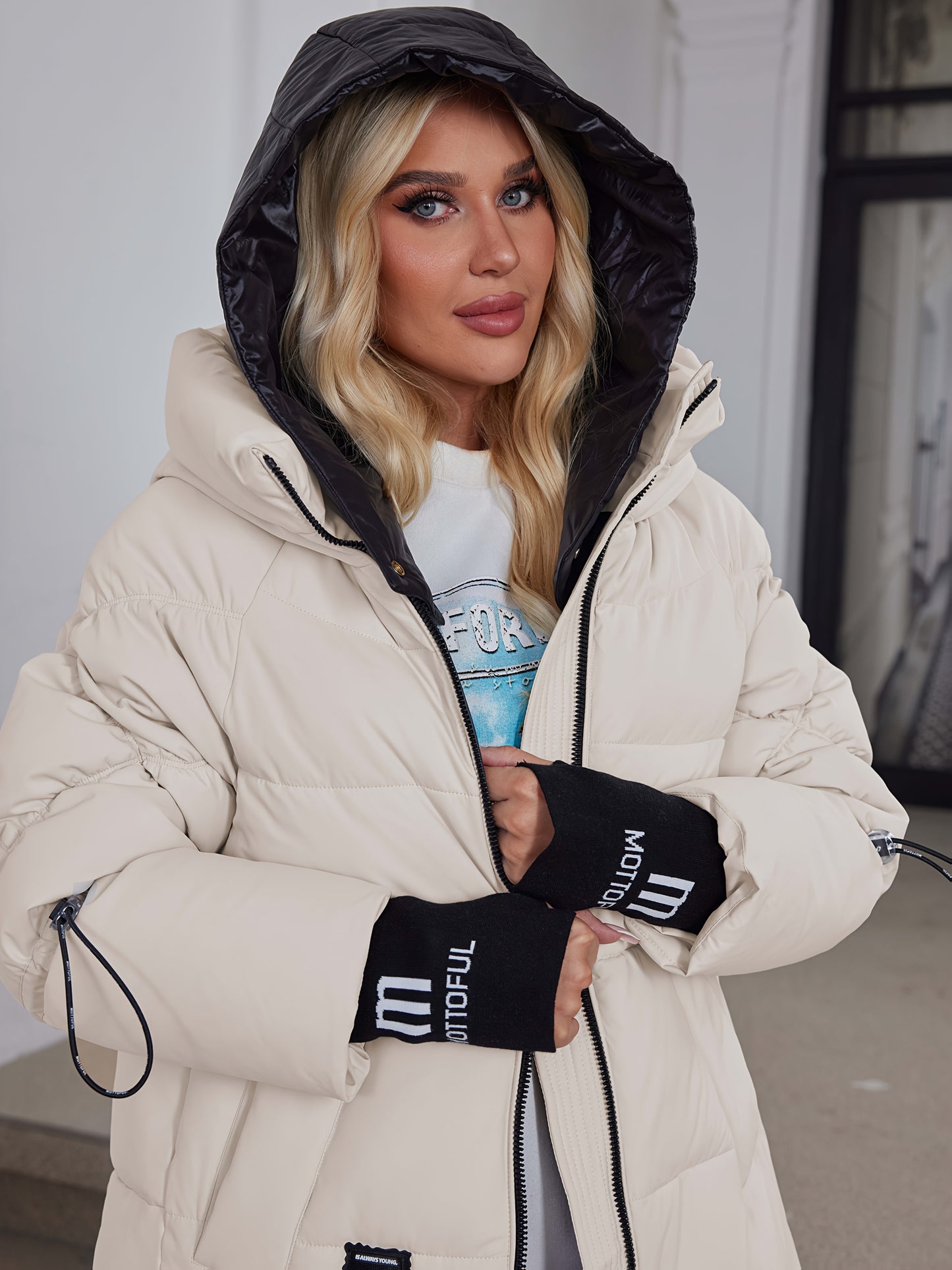 Women's Stylish Beige Puffer Jacket - Casual Warm Winter Coat with Black Trim, Long Sleeves & Zippered Hood, Polyester Fabric for Outdoor Comfort