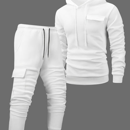 Men'S Casual Hooded Tracksuit Set - Polyester Knit, Solid Color with Pockets, All-Season Sportswear, Includes Jacket and Joggers, Casual Wear|Sporty Design|Polyester Fabric