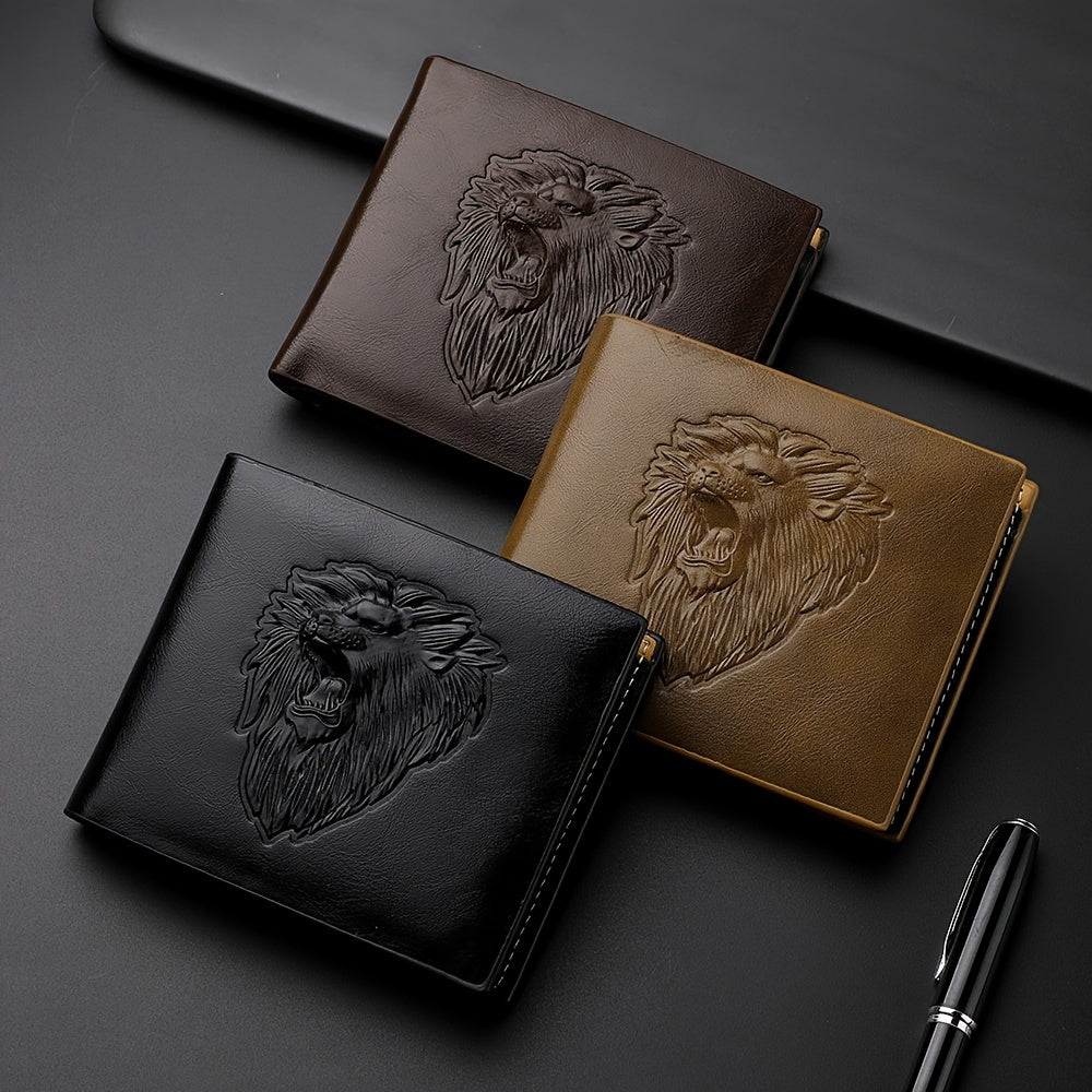 1pc Men's Lion 3D Embossed Pattern Wallet, Business PU Leather Wallet