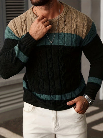 Men's Autumn/Winter Casual Color-Block Twist-Knit Pullover Sweater