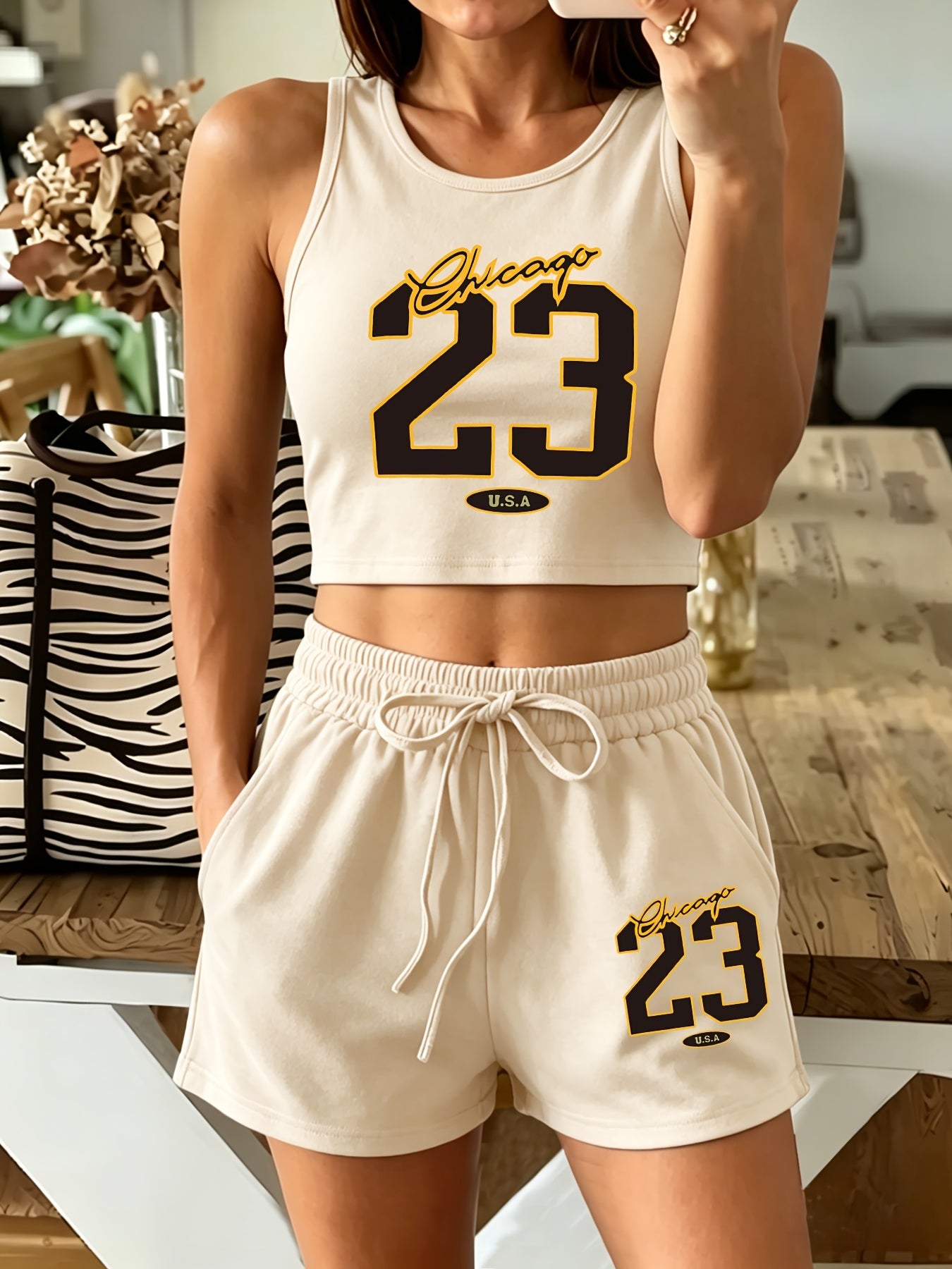 Women's Casual Printed Tank Top & Shorts Set with Pockets