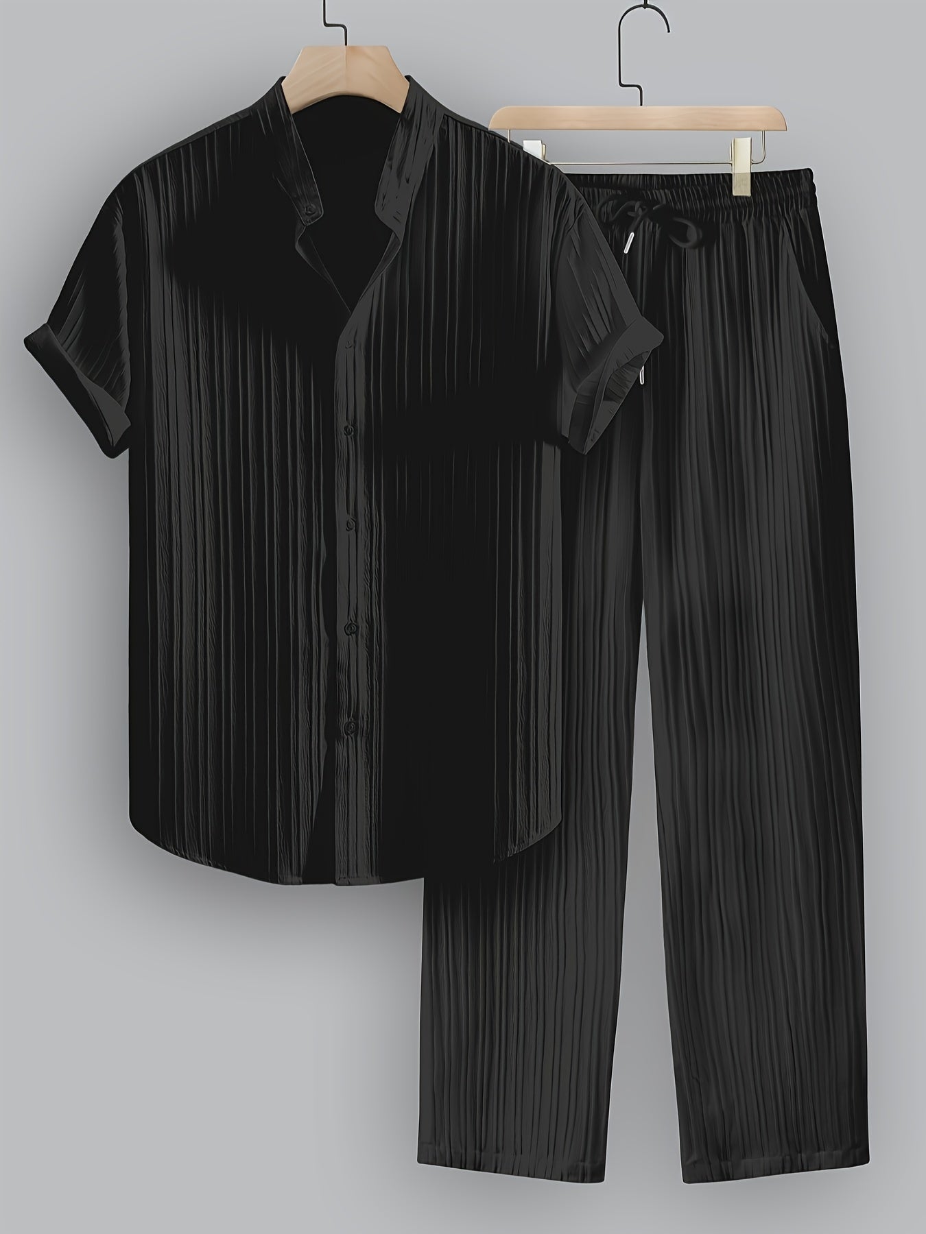 Men's Summer Casual Polyester Set with Stand Collar Shirt & Pants