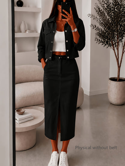 Women’s Casual Two-Piece Set: Midi Skirt & Short Jacket - ayq