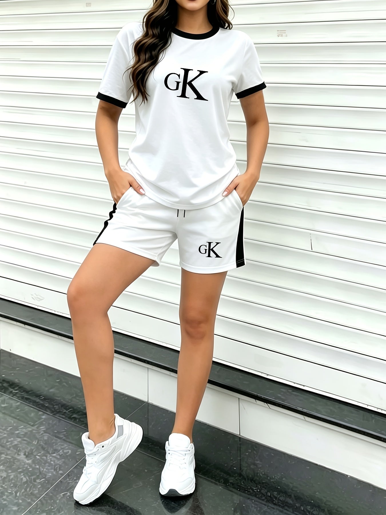 Casual Summer Two-Piece Set with Logo Print, Breathable Polyester