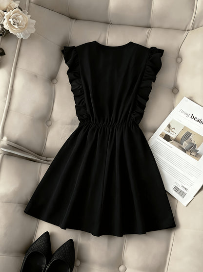 Vintage Waist-Cinching Solid Ruffle Mini Dress for Women