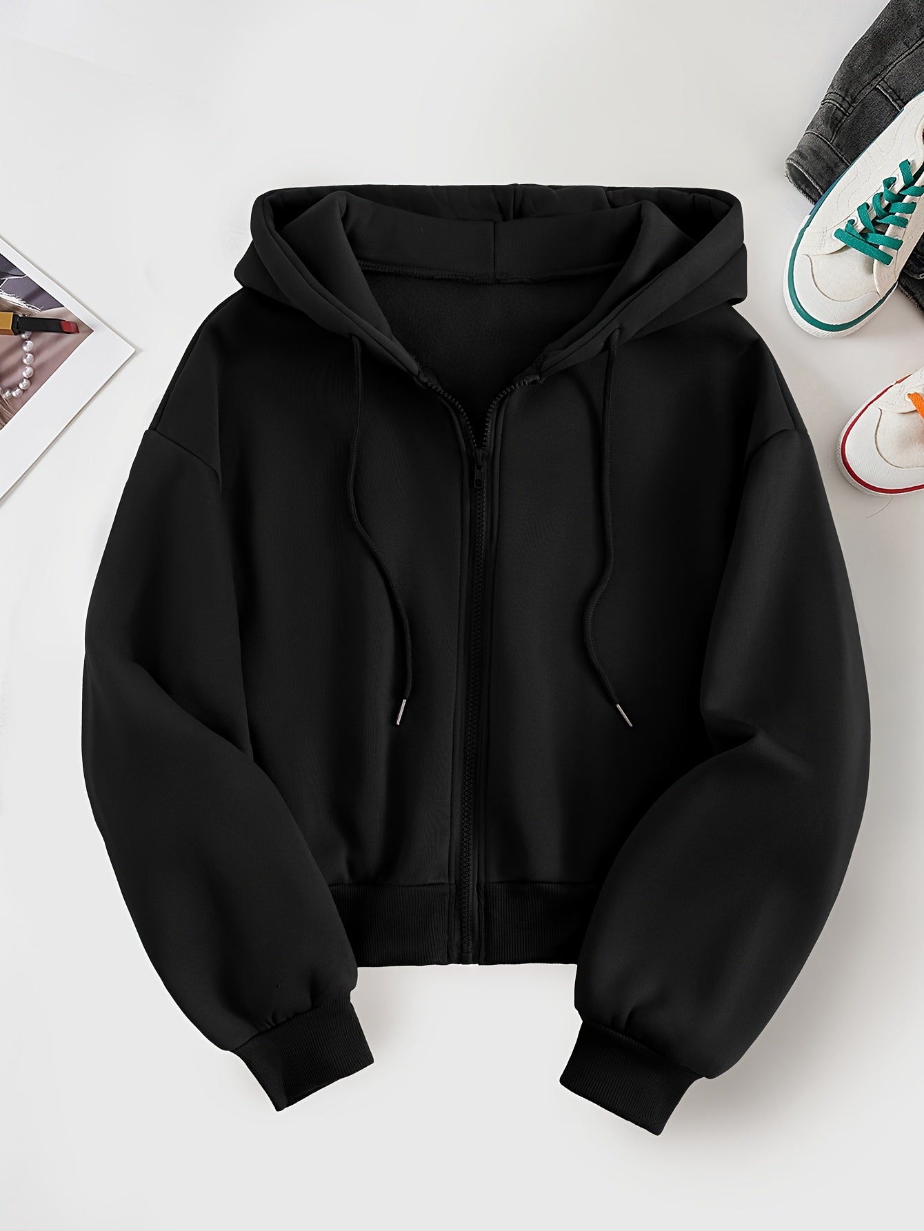 Women's Casual Short Hoodie Jacket with Zipper and Geometric Print