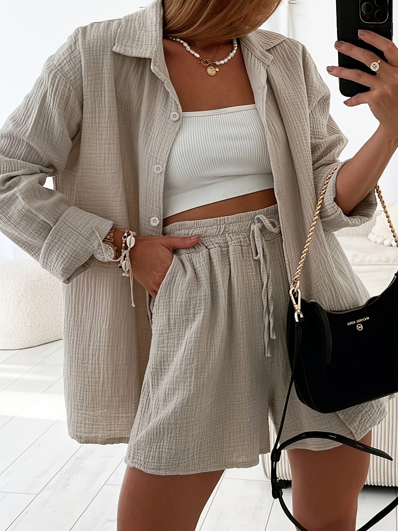 Women's Cotton Cardigan & Shorts Set Casual Long Sleeve