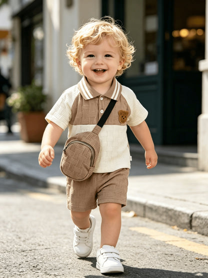 Boys' Summer Casual 3-Piece Set with Bear Patch & Shorts