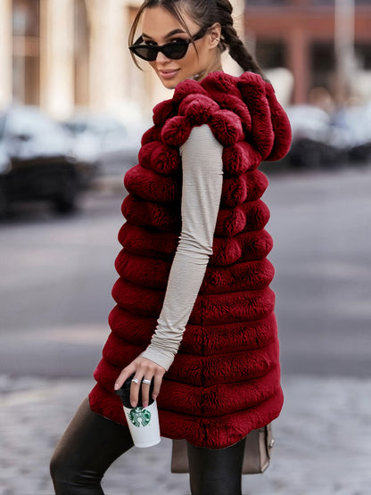 Women'S Cozy Faux Fur Hooded Vest - Sleeveless, Black, Casual Style, Perfect for Fall/Winter, Casual Winter Wear | Hooded Vest | Soft Texture Vest