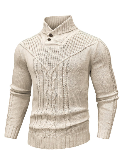 Men's High Collar Warm Knit Sweater - Stretchy Fashion Ribbed Pullover, Elegant Gentleman Cardigan