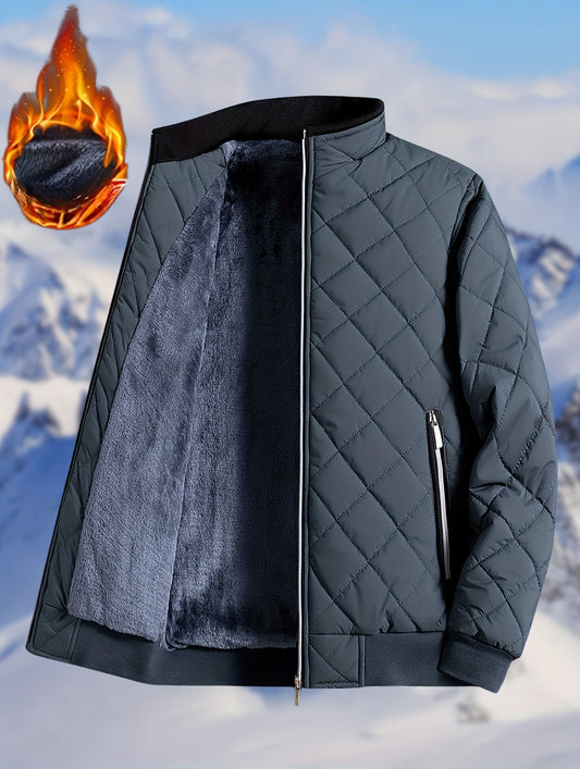 Men'S Diamond Pattern Fleece-Lined Jacket | Casual Stand Collar Warm Coat with Zipper Closure for Autumn and Winter