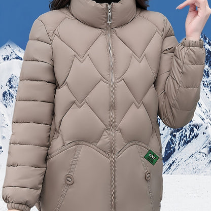 Plus Size - Women'S Stylish Red Quilted Jacket - Long Sleeve, Zip-Up Winter Coat with Pockets, Casual Polyester Outerwear for Cold Weather, Winter Jacket
