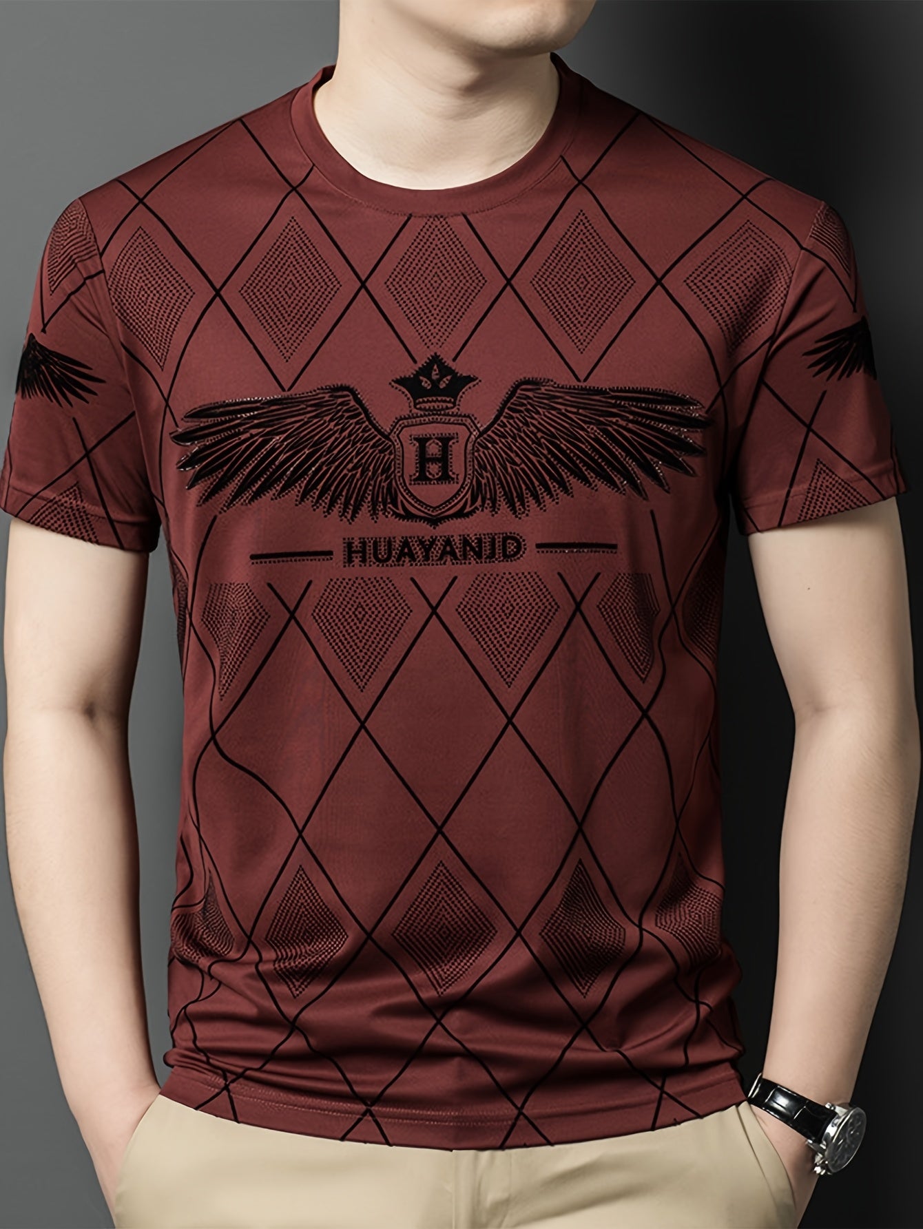 SINBOS Men's 2025 Summer Short Sleeve T-Shirt - Black Casual Graphic Print Tee with Wing  HUYAND Logo Design, Breathable Stretch Fabric, Round Neck Regular Fit for Casual Attire, Nontransparent Material, Relaxed Fit, Trendy