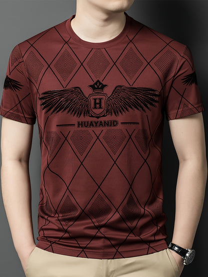 SINBOS Men's 2025 Summer Short Sleeve T-Shirt - Black Casual Graphic Print Tee with Wing  HUYAND Logo Design, Breathable Stretch Fabric, Round Neck Regular Fit for Casual Attire, Nontransparent Material, Relaxed Fit, Trendy
